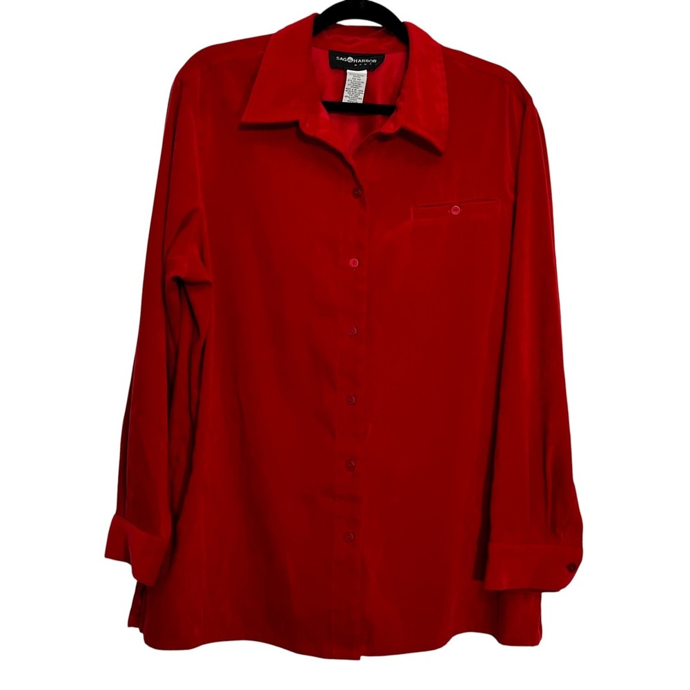 Sag Harbor Woman Plus Size 18W Red Velvet Long Sleeve Button Down‎ Shirt Top